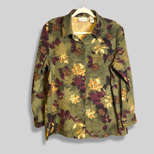 Draper's & Damon's Button Up Shirt Corduroy Autumn Leave Print Olive Green W L